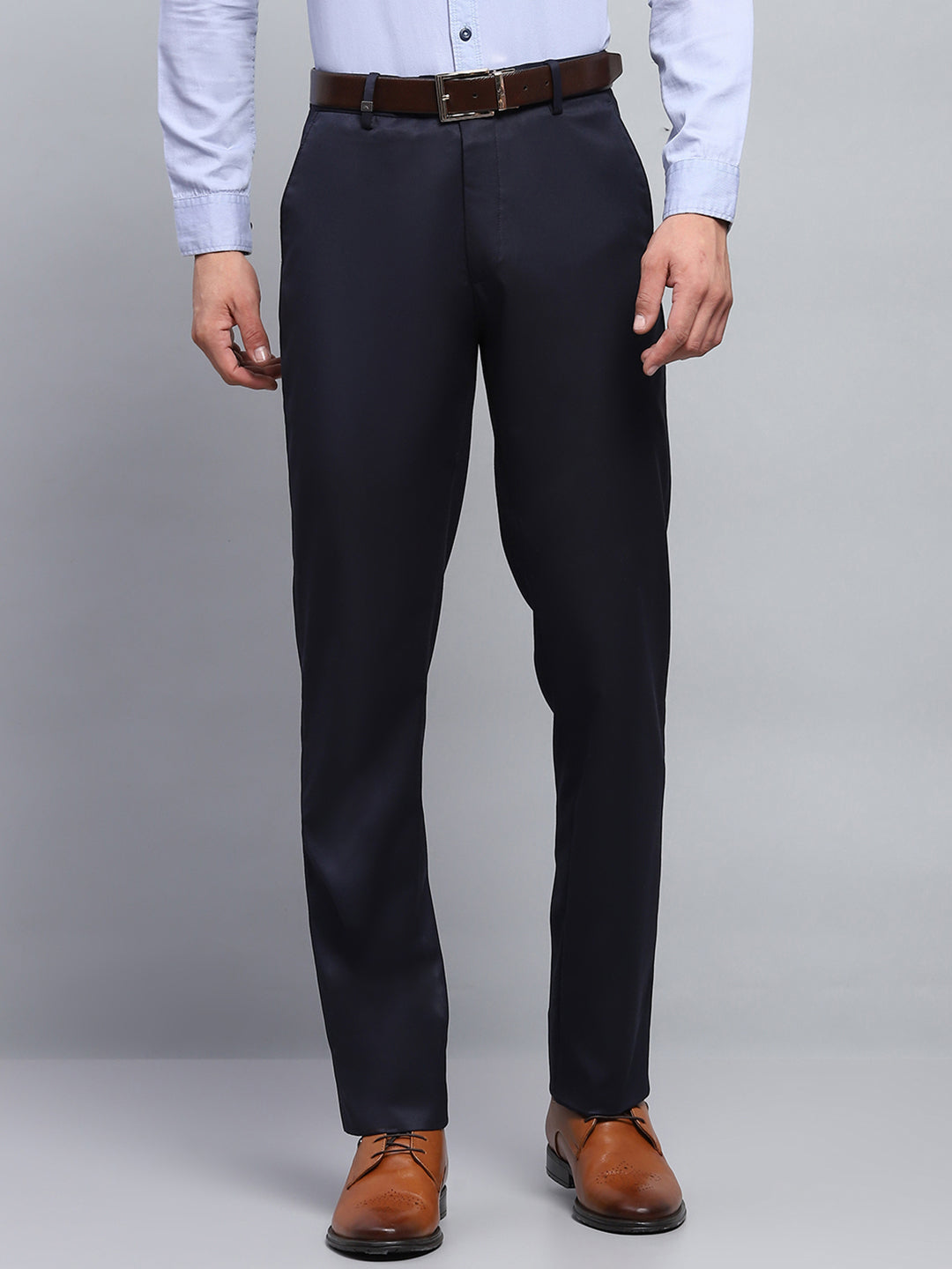 Men Navy Blue Solid Smart Fit Trouser