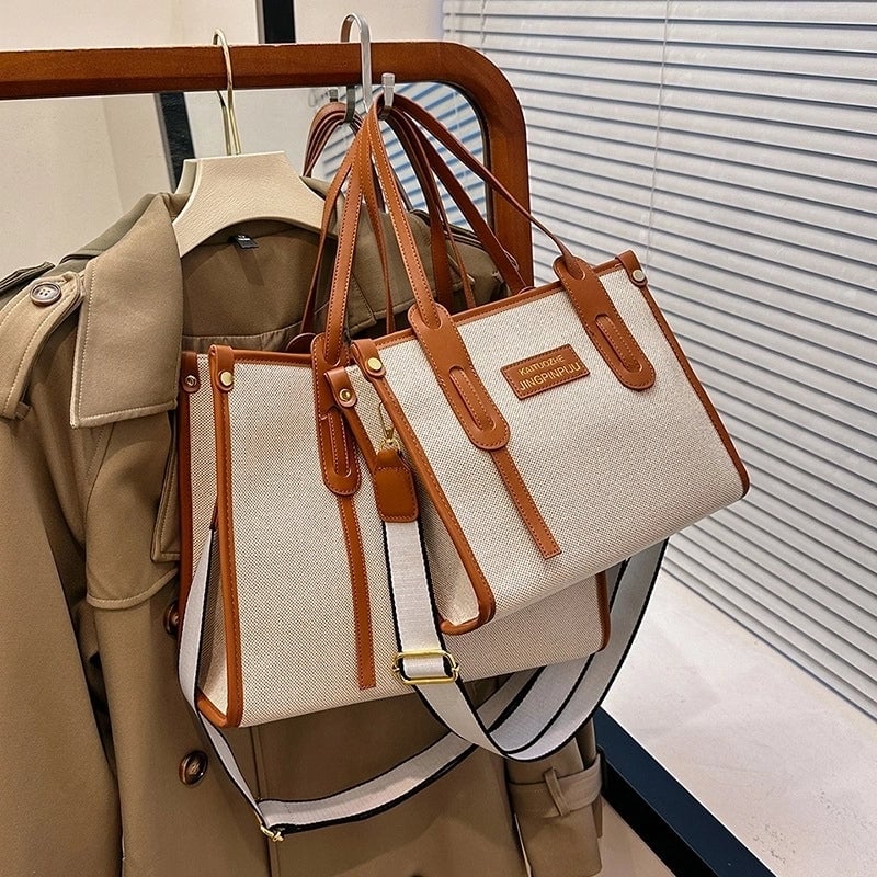Women's Large Canvas Letter Elegant Square Zipper Tote Bag