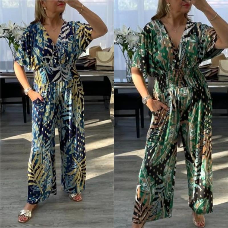 🥬Women's Summer Fashion Leaf Print Plus Size Bodysuit with Elastic Waist