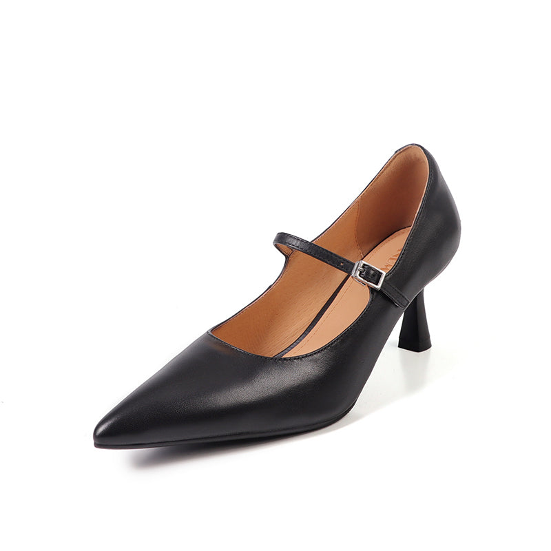Elegant Mary Jane Pumps Pointed Toe 65mm Stiletto Leather Heels for Evening Dresses in Black/Brown/Apricot