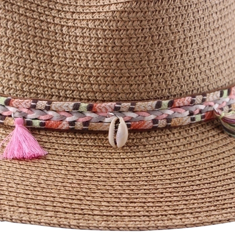 Unisex Retro Tassel Solid Color Fabric Shell Flat Eaves Fedora Hat