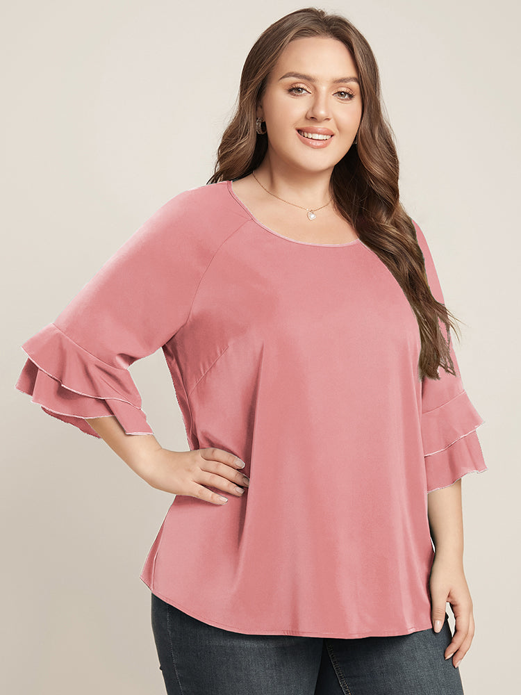 Plain Ruffle Tiered Round Neck Blouse