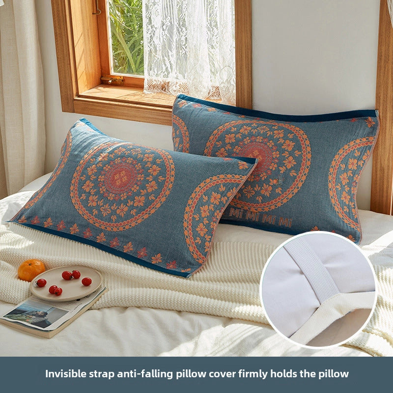 Four-layer Cotton Gauze Pillow Towel Elastic Band Fixed Anti-shedding Adult Pillow Turban Season Couple Cover Towel