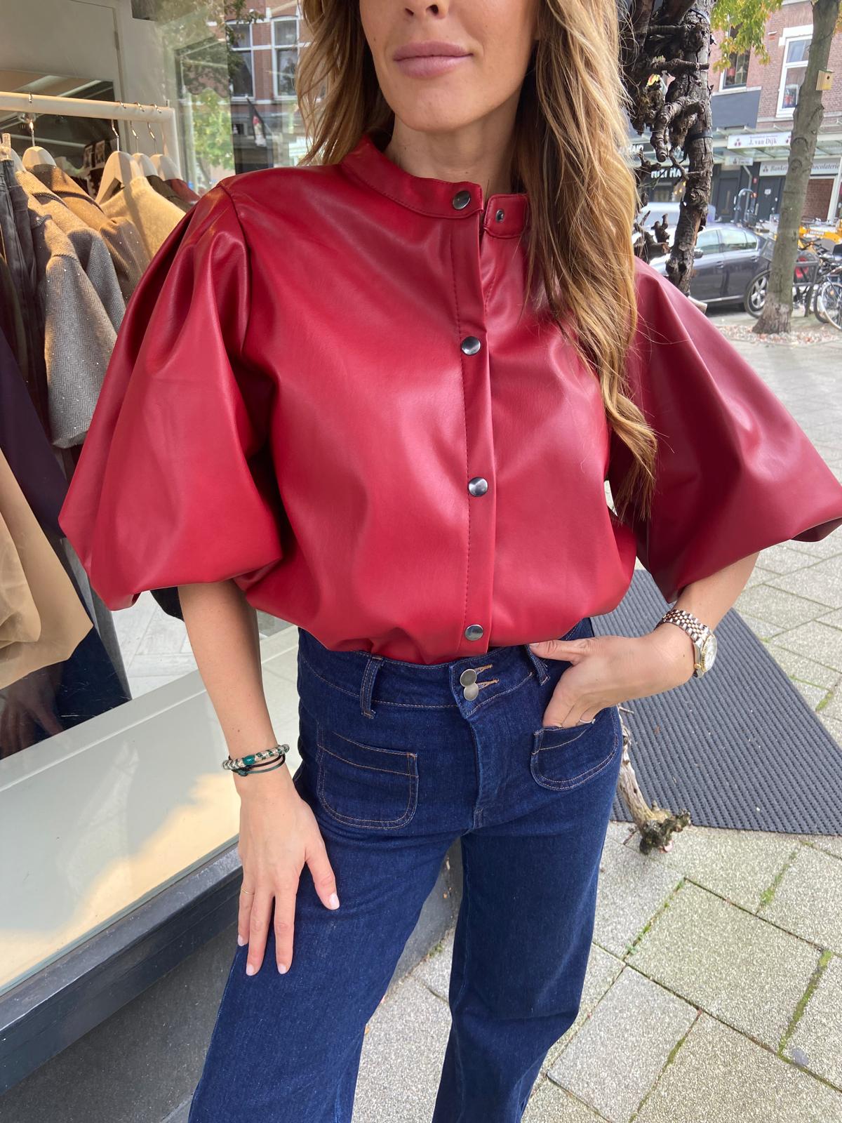 Leather Look Puffer Blouse Red