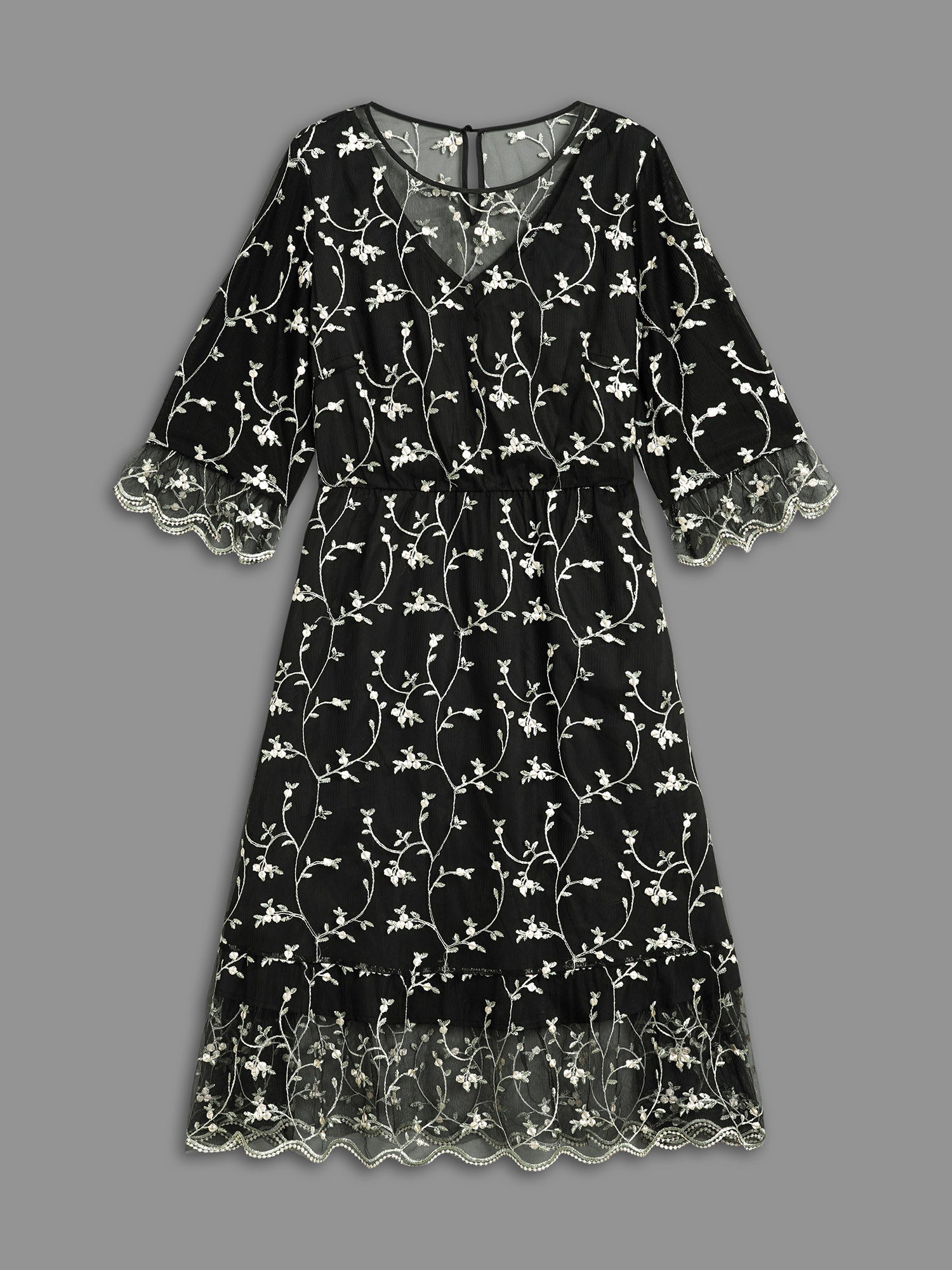 Floral Embroidered Ruffles Mesh Dress
