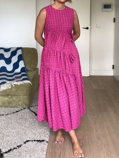 Fuchsia Pink Textured Ruched Midi Dress