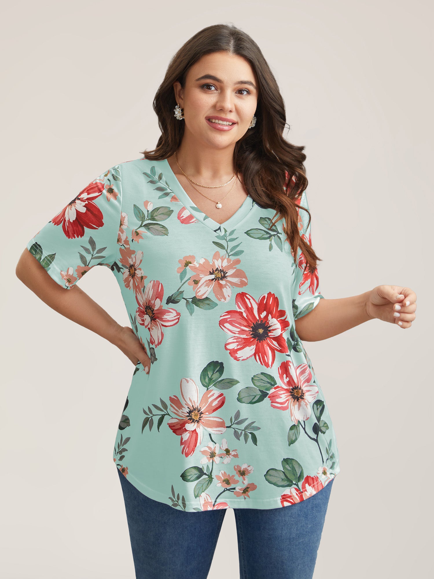 Multi-Color Floral Print V-Neck T-Shirt