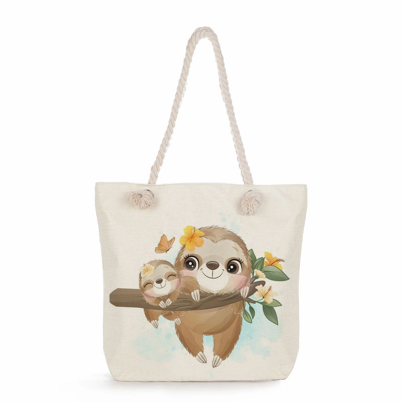 Women's Cotton And Linen Sloth Cute Square Zipper Tote Bag