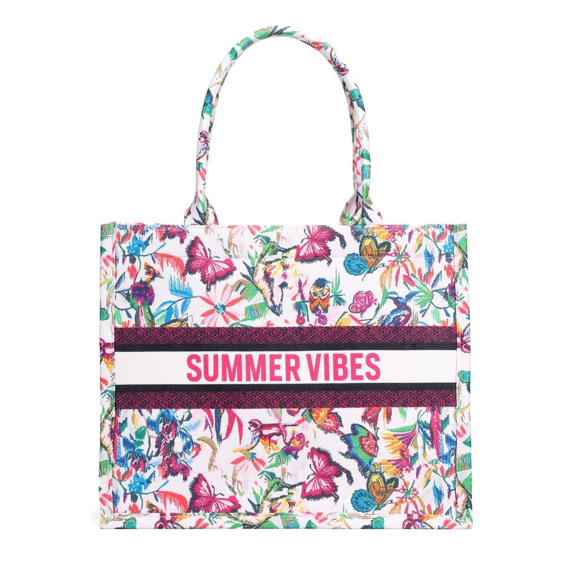 Women's Canvas Animal Letter Flower Elegant Embroidery Square Zipper Tote Bag