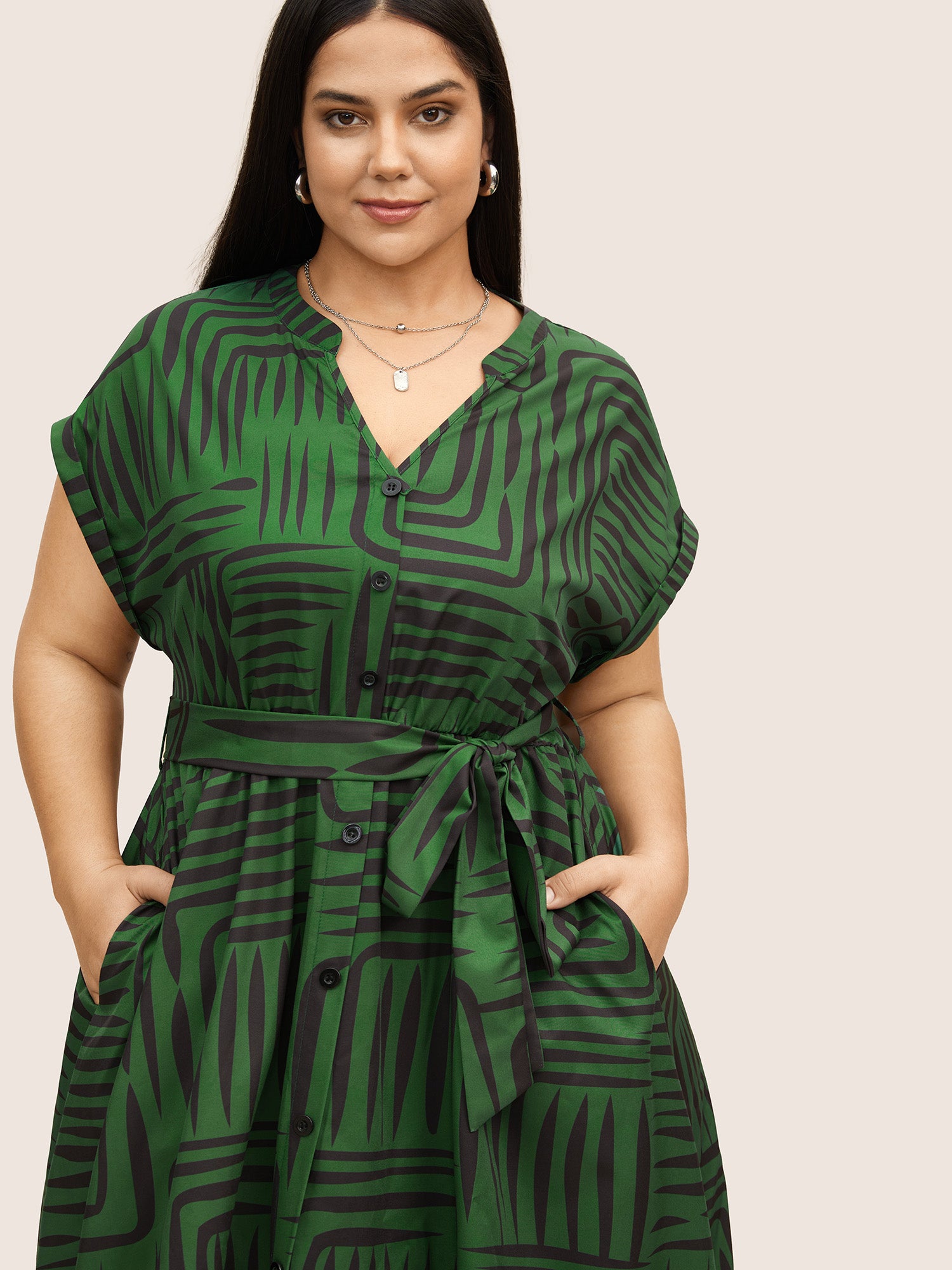 Geometric Button Detail Cuffed Sleeve Dress