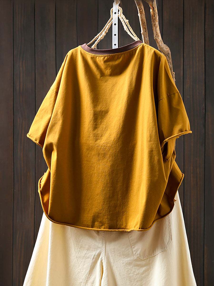 Women Summer Casual Cotton O-Neck Colorblock Shirt