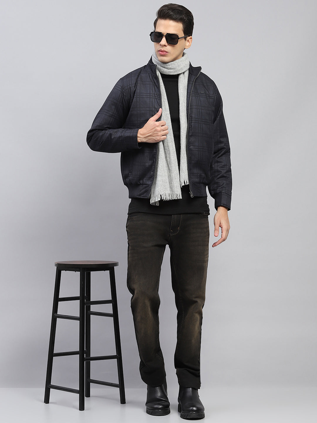 Men Grey Self Design Mock Neck Full Sleeve Jacket