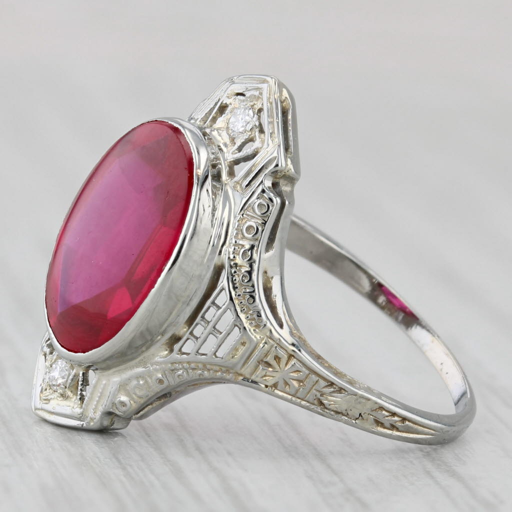Art Deco 5.23ctw Lab Created Ruby Diamond Ring 18k White Gold Size 6