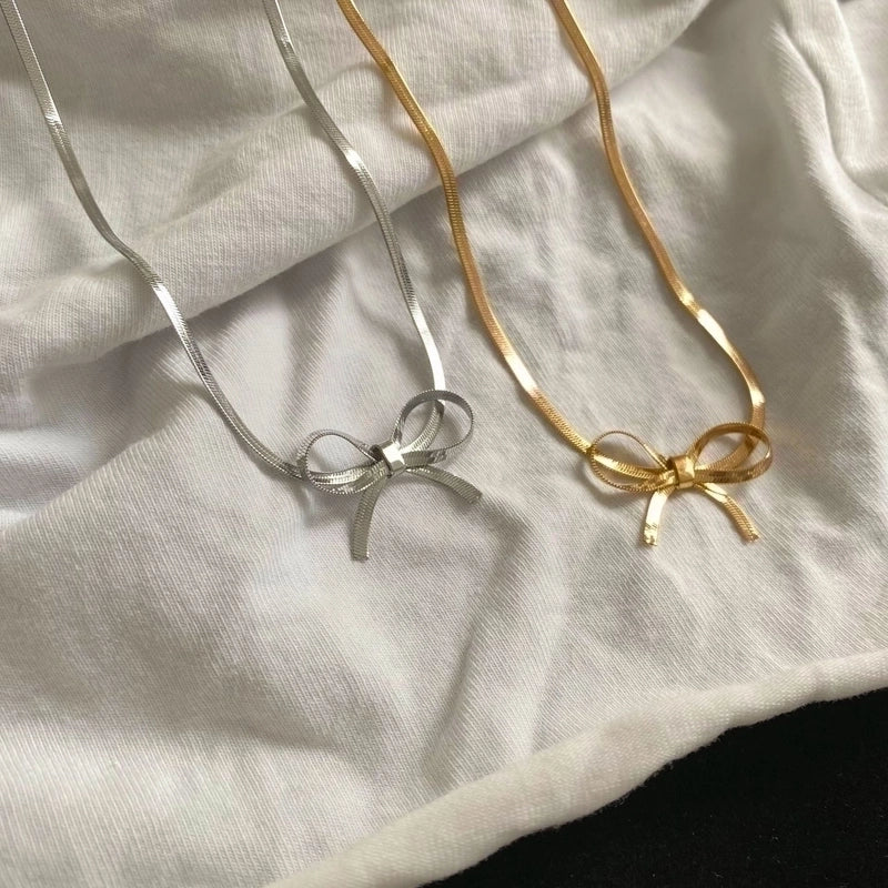Vintage Style Minimalist Solid Color Bow Knot 304 Stainless Steel 18K Gold Plated Plating Stainless Steel Necklaces