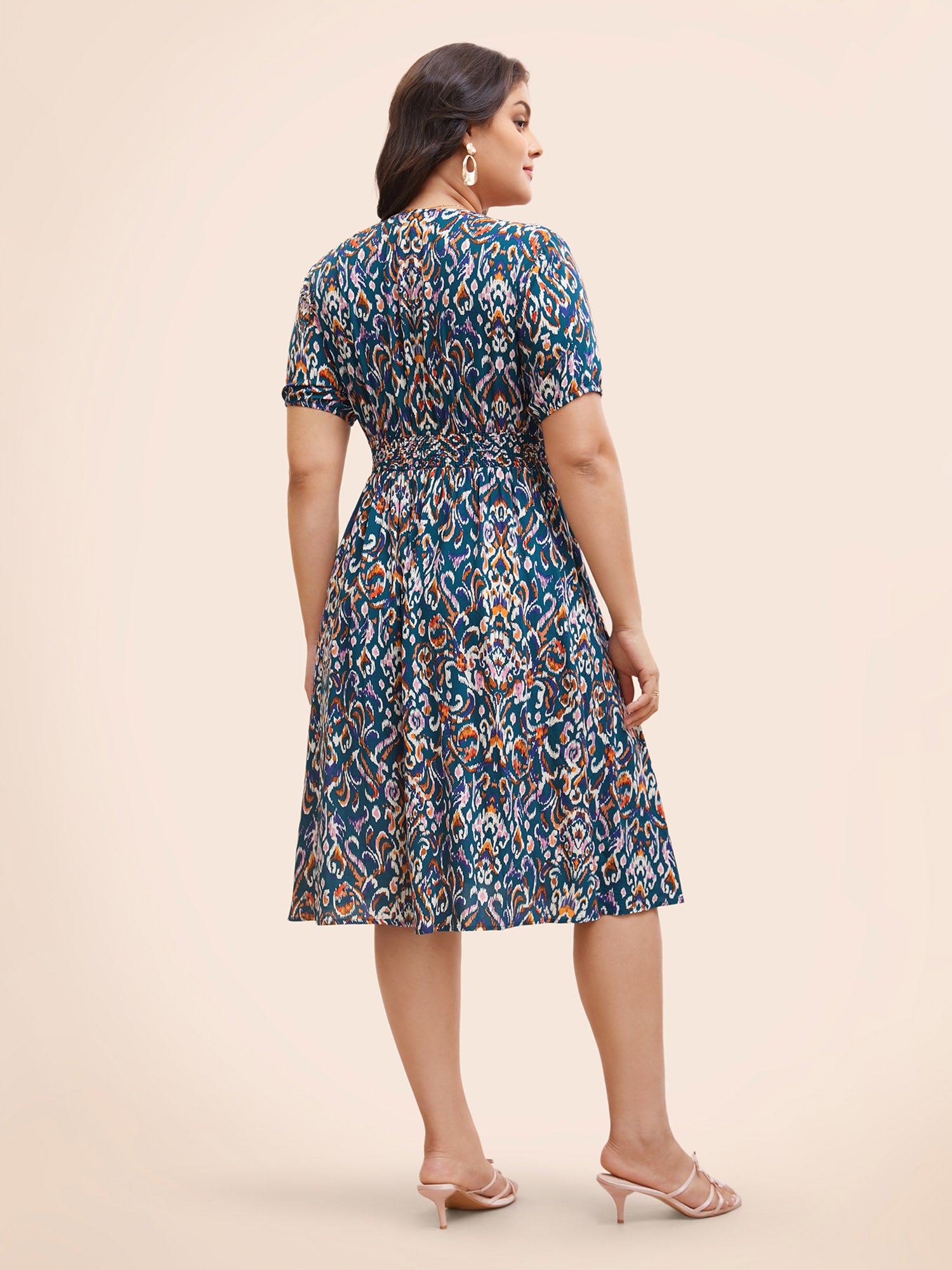Bandana Print V Neck Shirred Gathered Dress