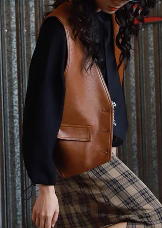 Loose Brown V Neck Button Faux Leather Waistcoat Sleeveless