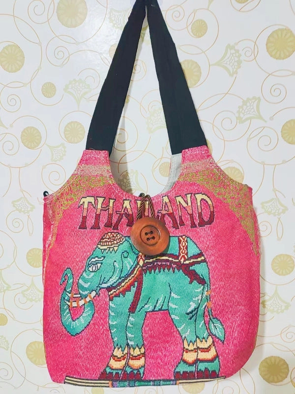 Women's Large Canvas Elephant Ethnic Style Square Zipper Shoulder Bag