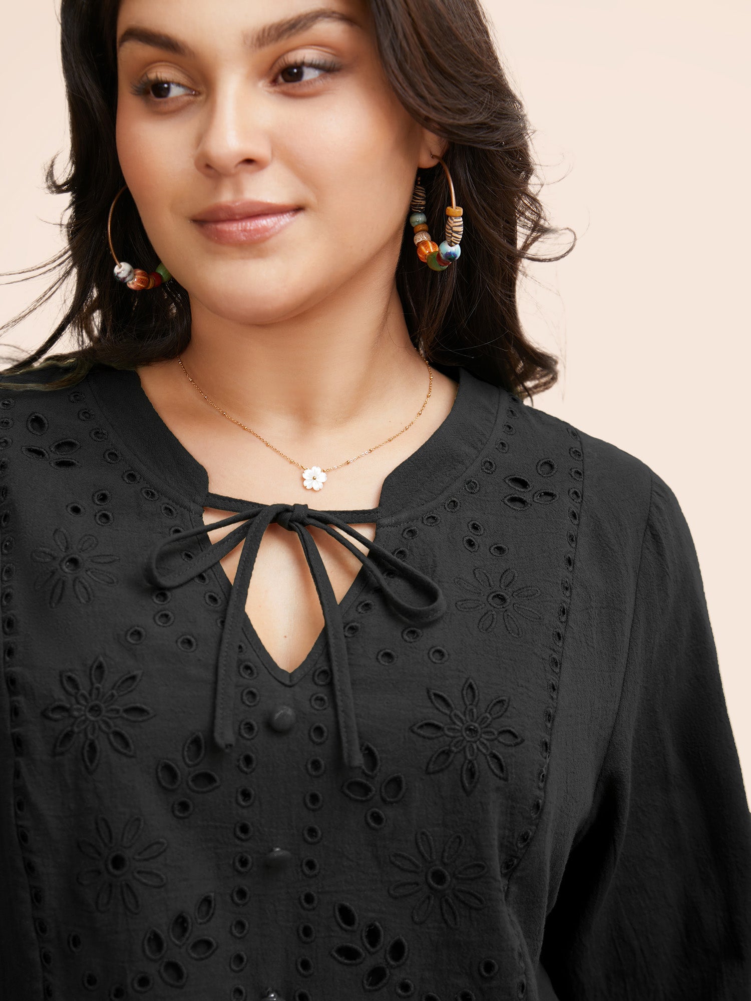 Broderie Anglaise Tie Knot Lantern Sleeve Blouse