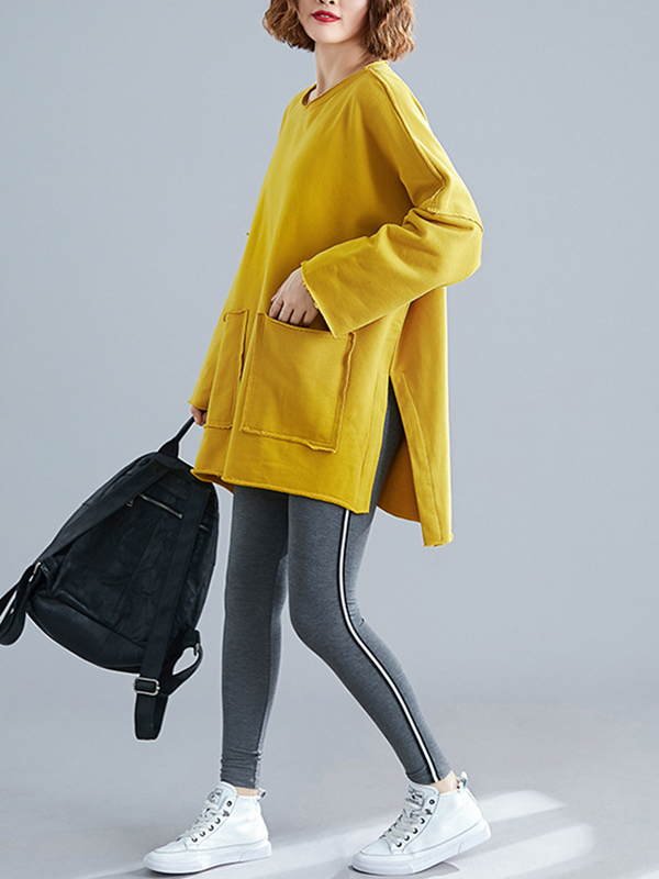 High-Low Long Sleeves Pockets Solid Color Split-Joint Split-Side Round-Neck Sweatshirt Tops