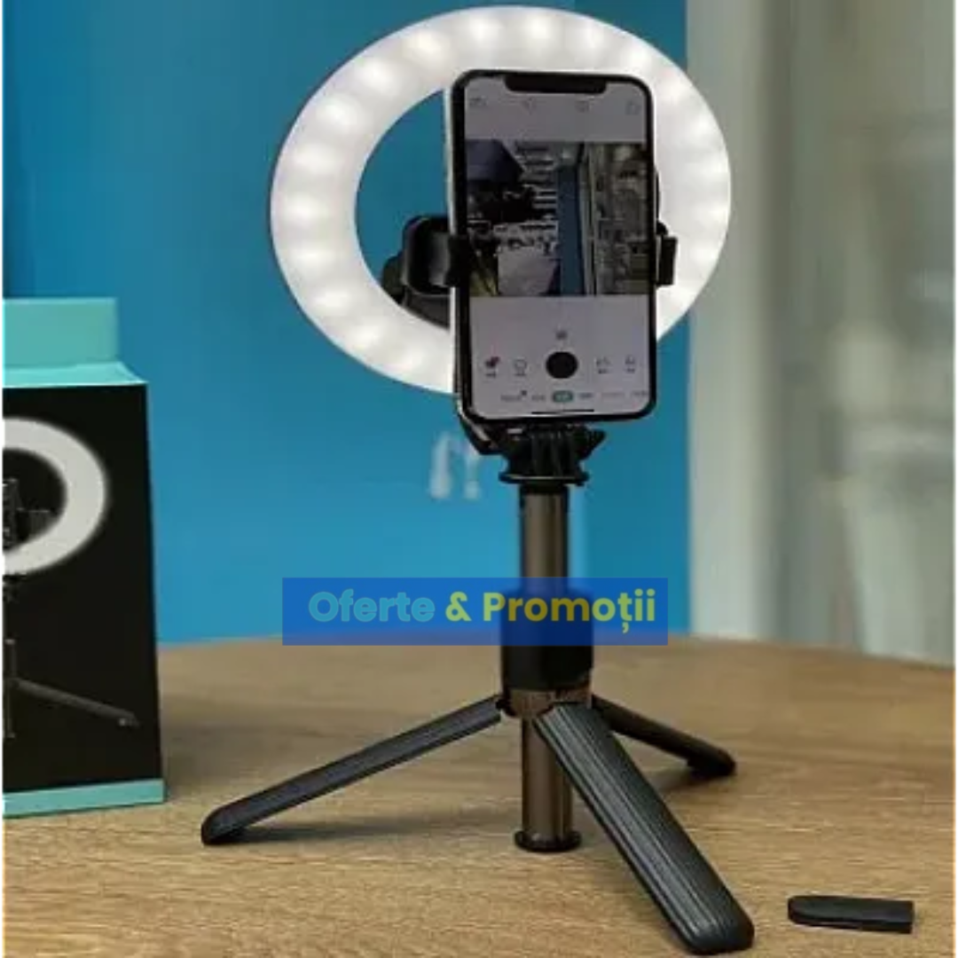 Selfie stick L07 tip trepied cu lampa circulara pliabil si bluetooth