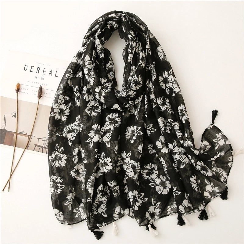 Yarn Cotton Fruit Green Bright Yellow Leaf Printing Tassel Scarf Shawl