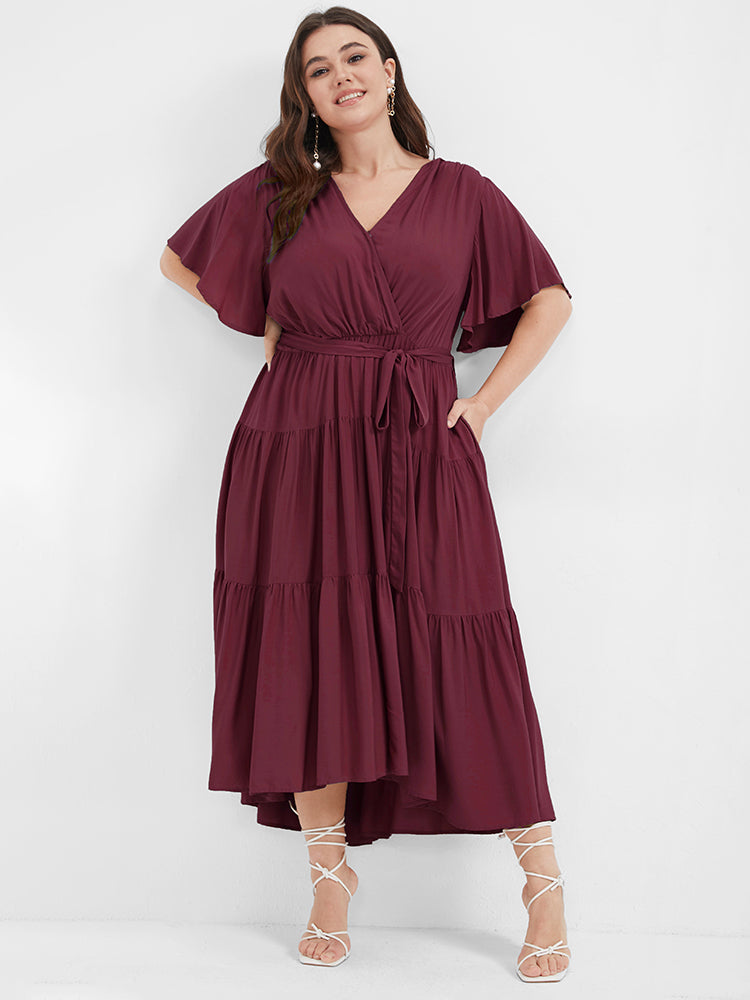 Solid Button Pocket Belted Ruffles Wrap Midi Dress