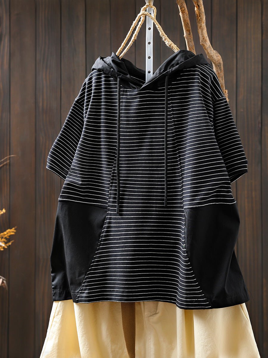 Women Summer Casual Stripe Spliced Hooded Cotton Shirt