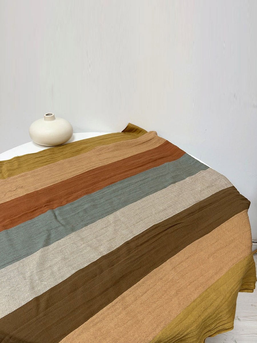 Women Vintage Colorblock Stripe Tassel Cotton Linen Scarf
