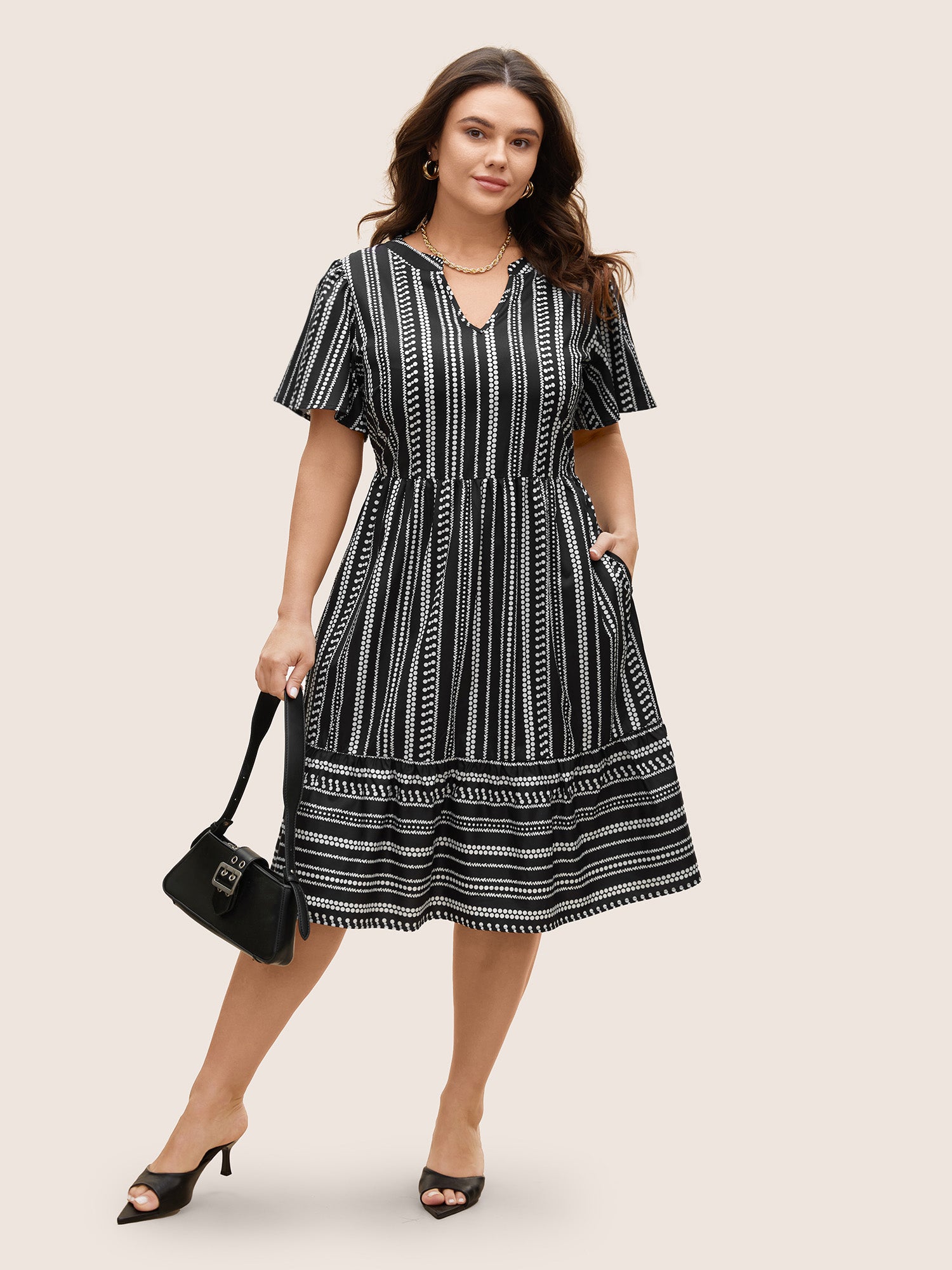 Striped Elastic Waist Ruffle Sleeve Dress