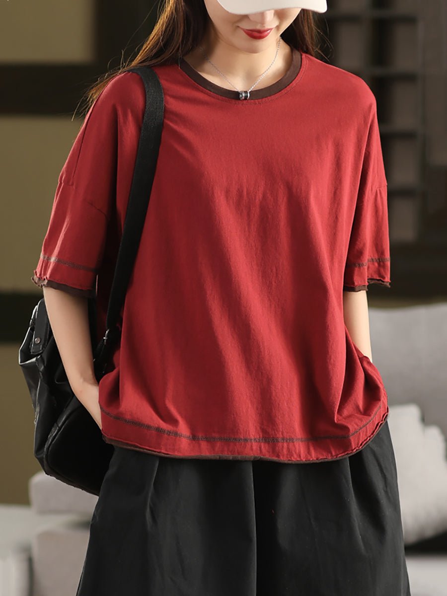 Women Summer Colorblock O-Neck 100%Cotton Shirt