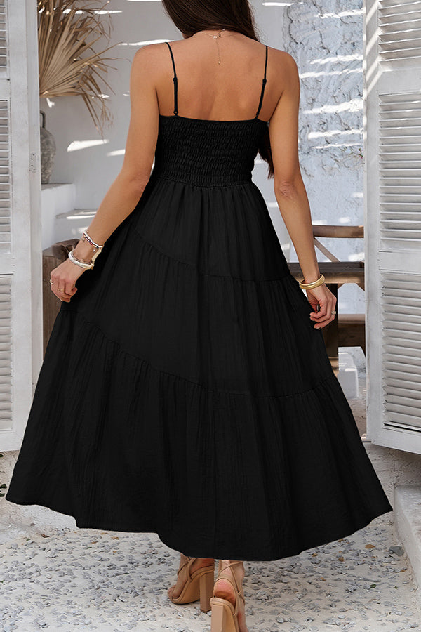 Fashion Solid Black Smocked Back Maxi Dress