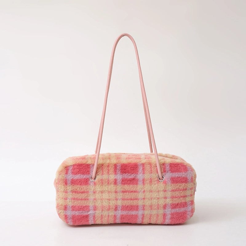 Women's Fur Lattice Plaid Streetwear Pillow Shape Zipper Underarm Bag
