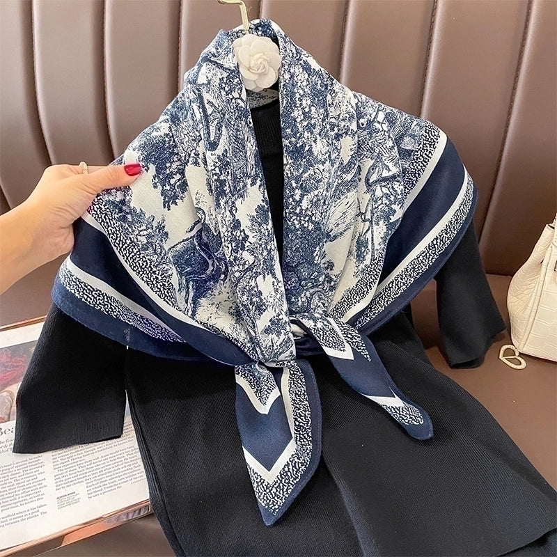 Women's Classical Square Flower Polyester Silk Scarf