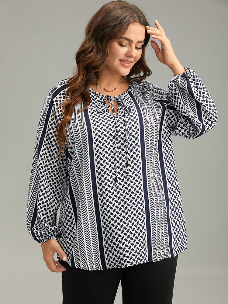Geo Striped Tie Lantern Sleeve Blouse