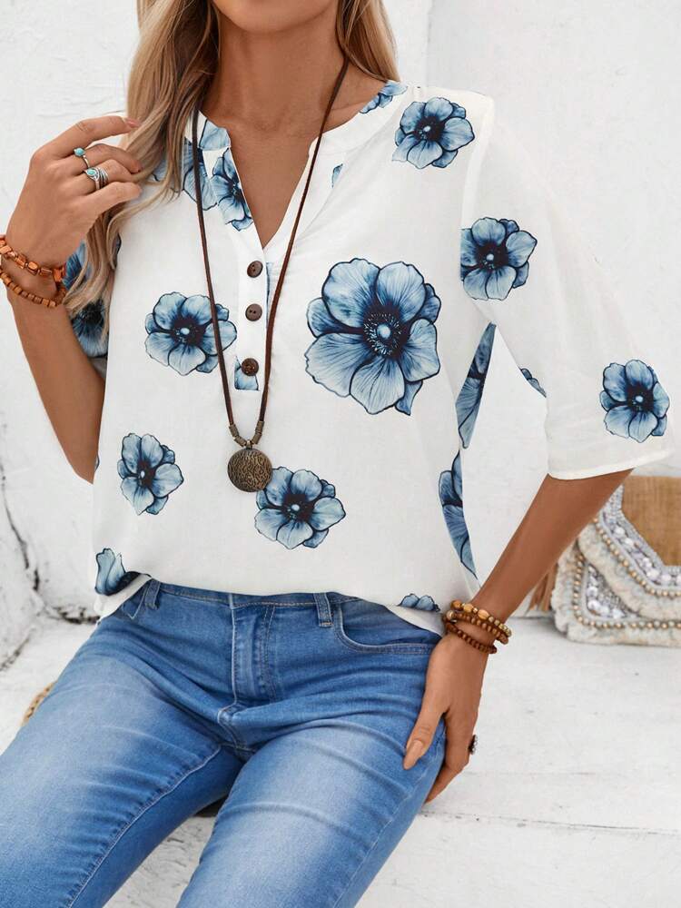 Women's Vacation Floral Printed Notch V-Neck Half Sleeve Loose Shirt. Summer