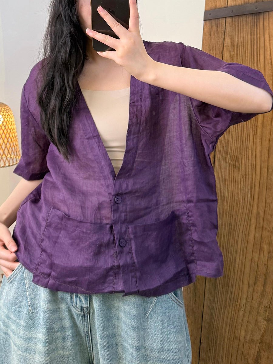 Women Summer Casual Pure Color V-Neck Ramie Shirt