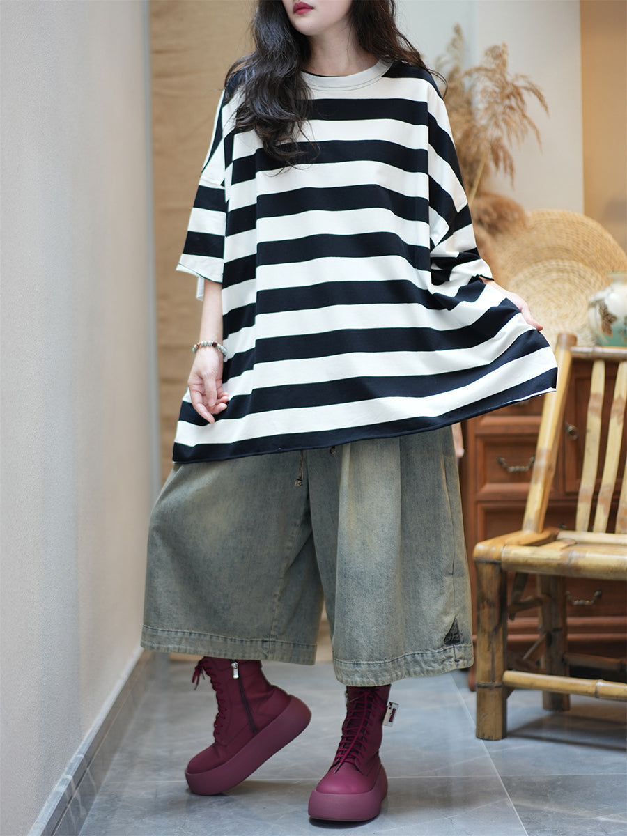 Women Summer Casual Stripe O-Neck Cotton Shirt