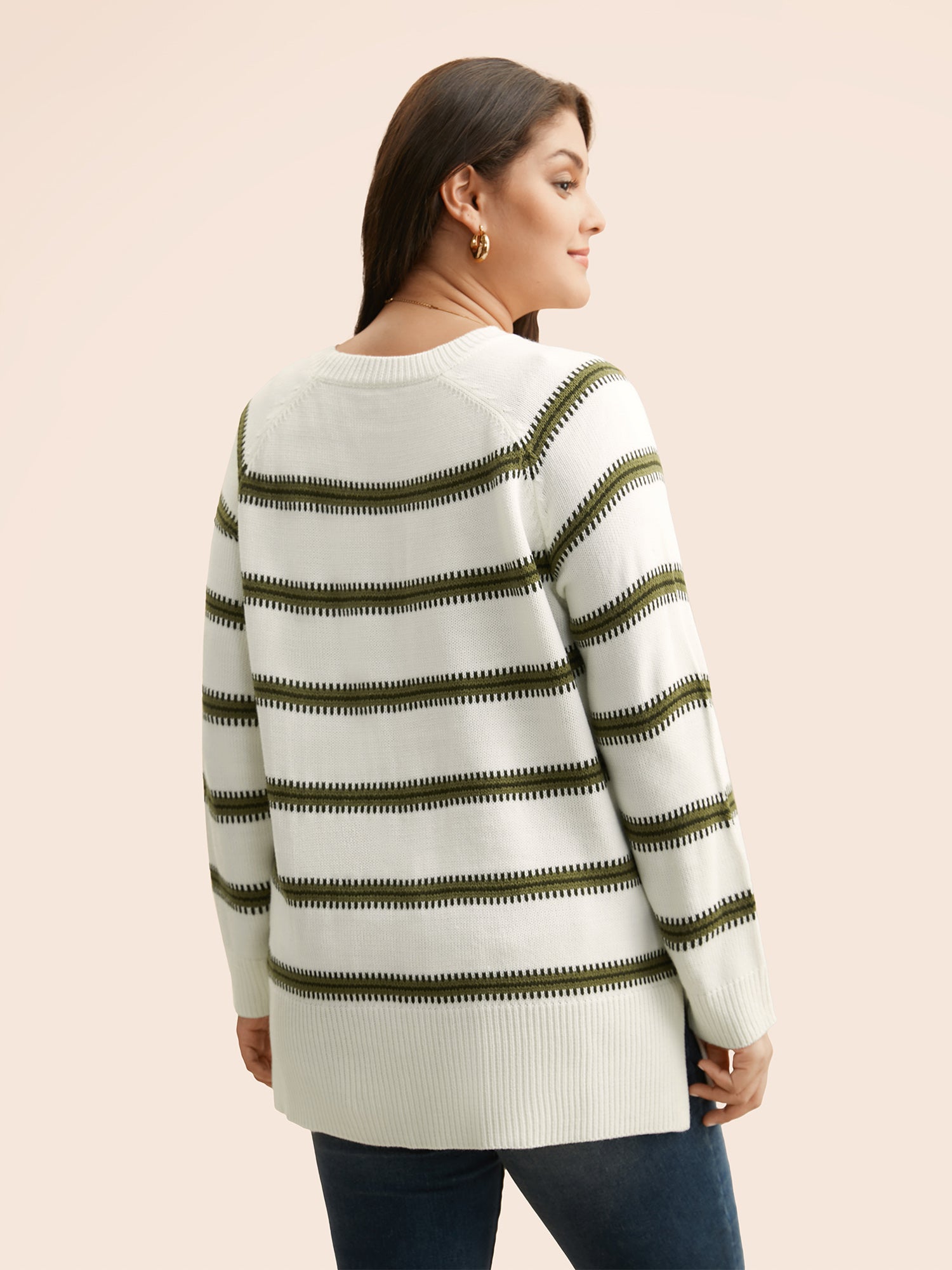 Contrast Striped Raglan Sleeve Slit Hem Pullover