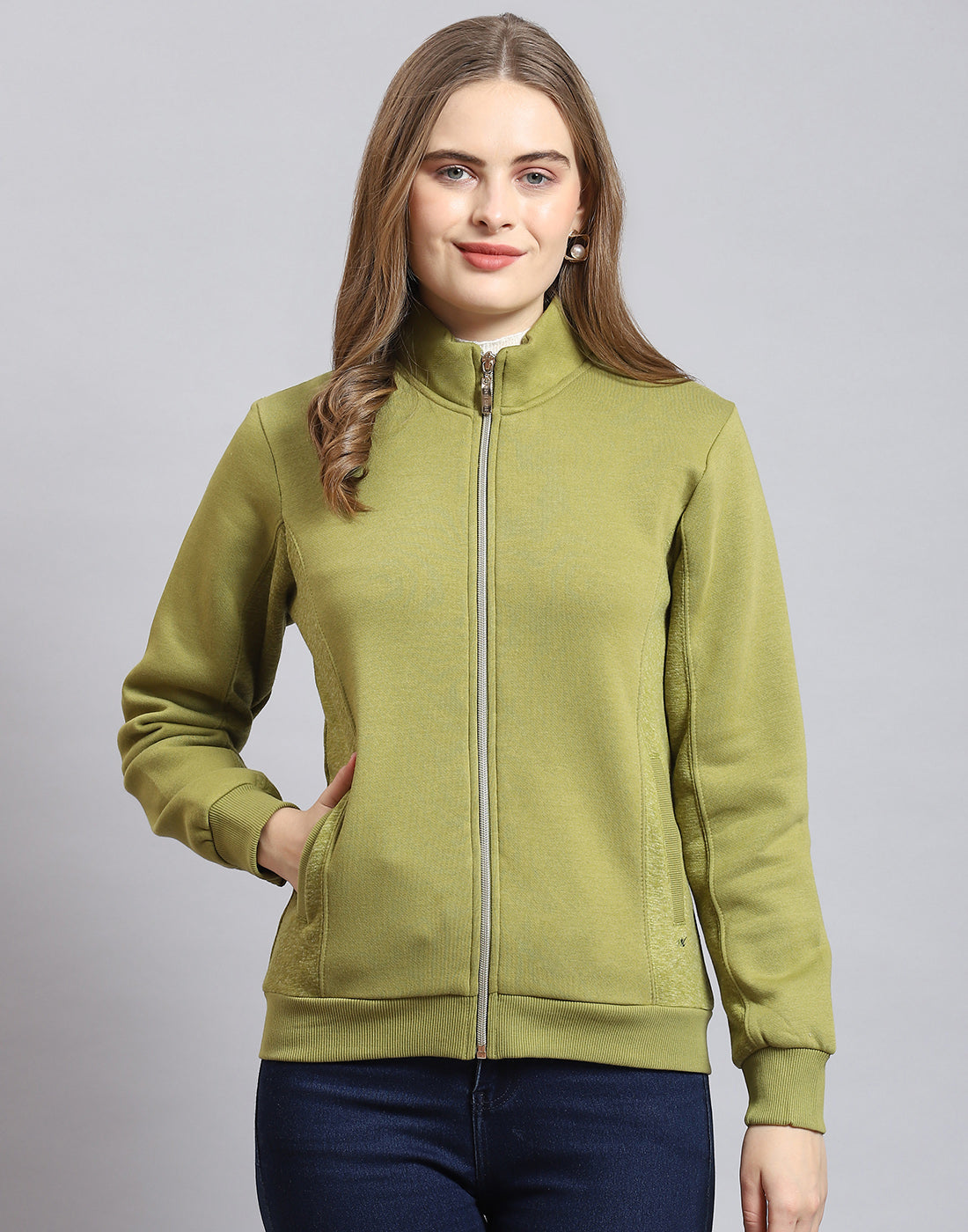 Women Olive Solid Stand Collar Full Sleeve Sweatshirt