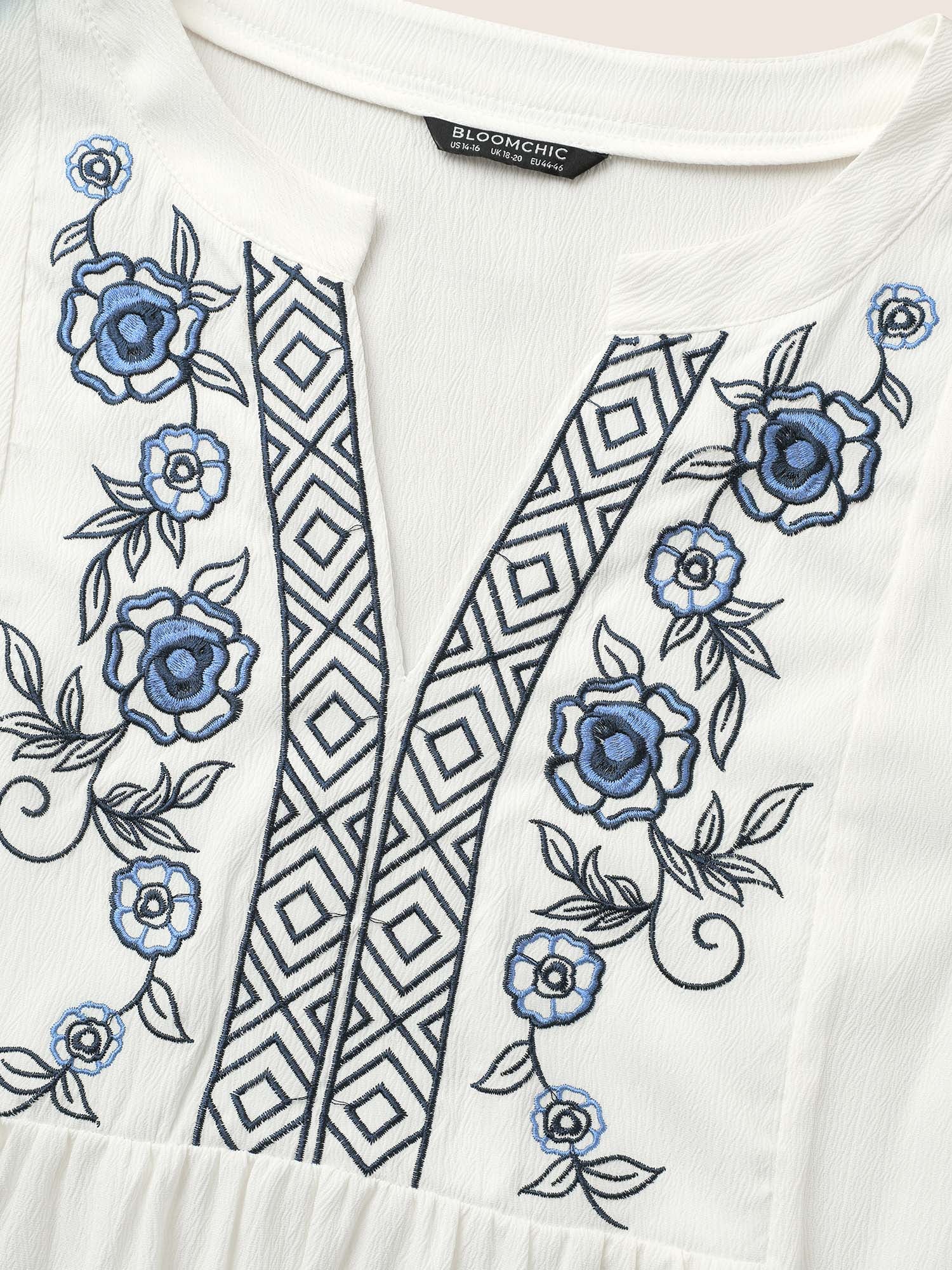 Boho Print Embroidered Gathered Notched Blouse