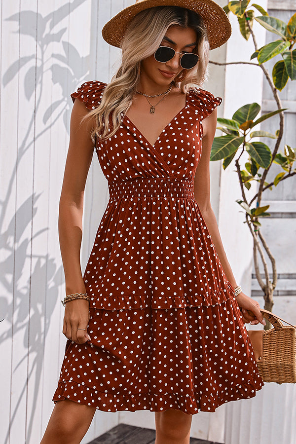 Fashion Smocked Waist Dots Print Mini Dress