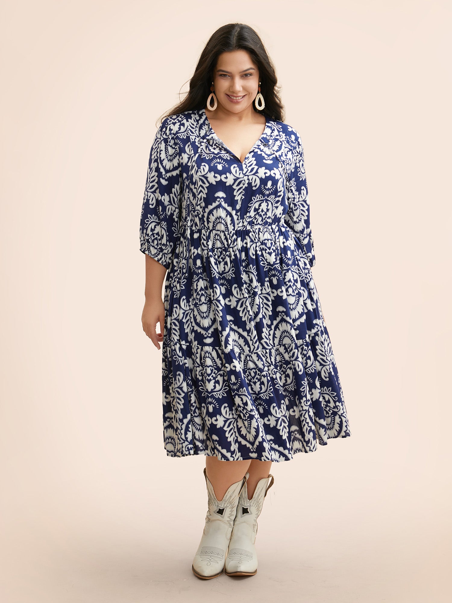 Boho Print Tie Knot Puff Sleeve Dress