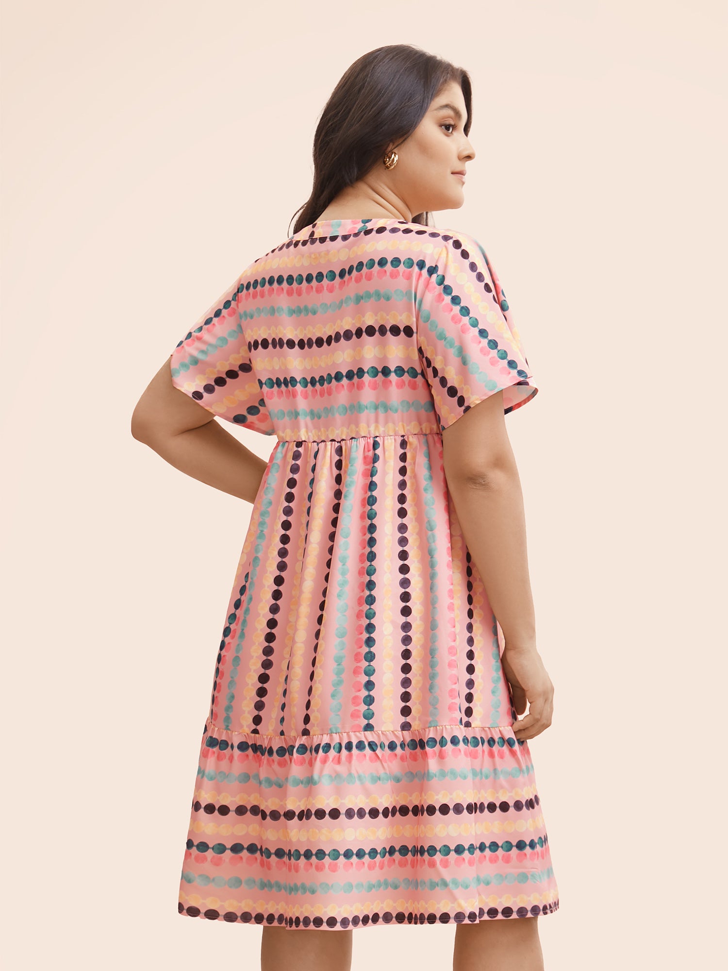 Dot Print Elastic Waist Split Neck Midi Dress