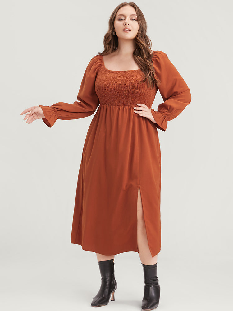 Solid Shirred Square Neck Lantern Sleeve Split Hem Dress