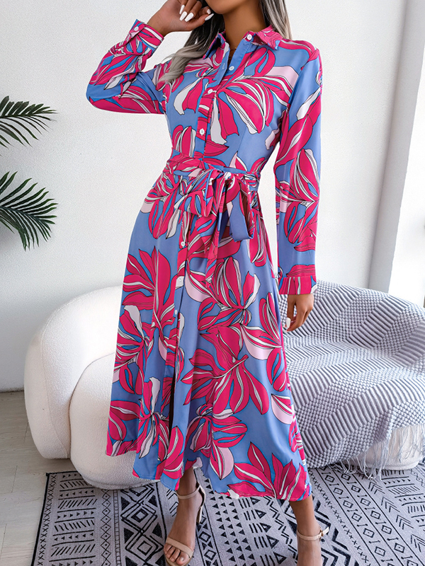 Long Sleeves Loose Printed Split-Joint Tied Waist Lapel Shirt Dress