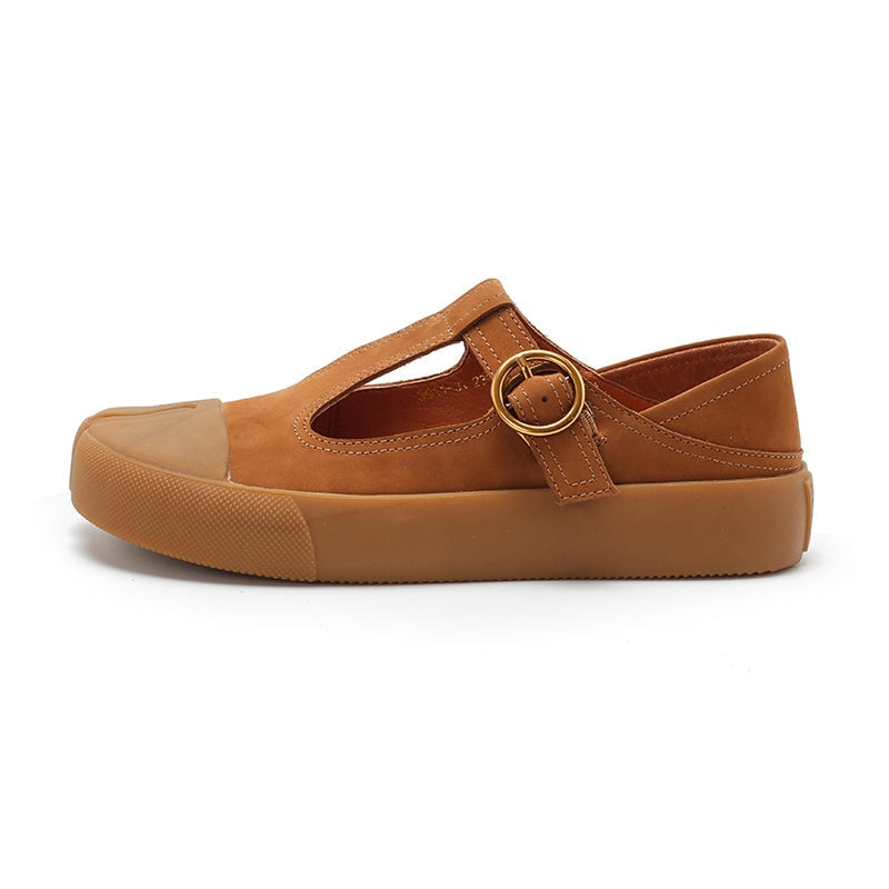 Retro Leather Flat T Strap Mary Jane Shoes For Women Round Toe Khaki/Brown/Yellow/Cameo Brown