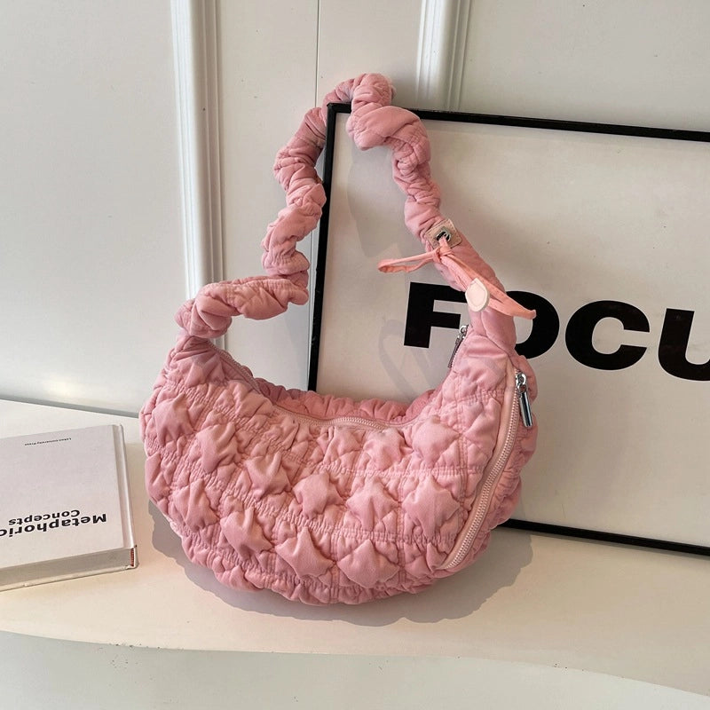 Women's Large Flannel Solid Color Streetwear Dumpling Shape Zipper Shoulder Bag