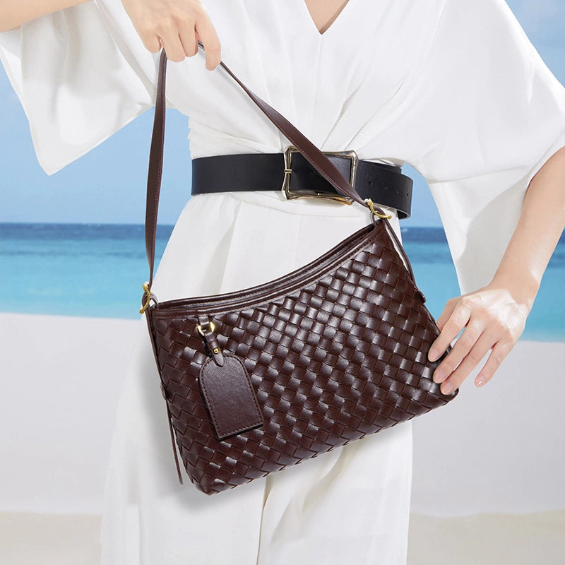 Women's Pu Leather Solid Color Basic Weave Dumpling Shape Zipper Crossbody Bag
