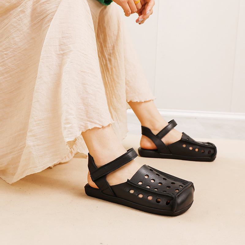 Square Toe Hollow-Out Leather Slingback Flat Sandals for Summer in Green/Black