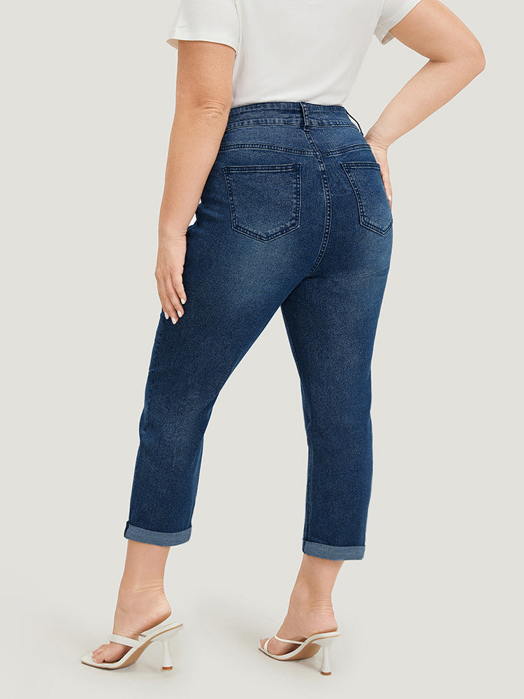 Ripped Embroidered Roll Hem Very Stretchy Jeans